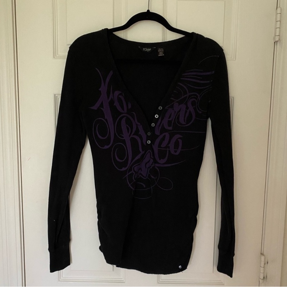 Fox Black Long Sleeve Henley with Purple Script Graphic